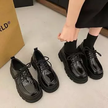 Черные кожаные туфли в британском стиле, женские однобортные туфли, летние туфли Мэри Джейн на платформе с крошкой 35