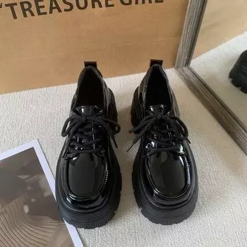 Black brown thick-soled heightening small leather shoes women s muffin bottom lace-up round head retro single shoes 35 чёрный