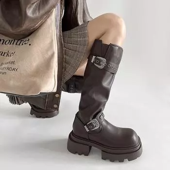 Black but knee thick heel platform boots women s 2025 new autumn and winter thin small height increasing knight boots 35 коричневый