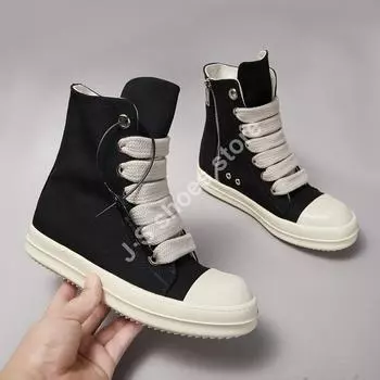 Black Canvas Shoe Men Boots Ro High Top Shoes Jumbo Laces Women Sneaker Casual Shoes Luxury Zipper Flat Shoes Ankle Boot 34