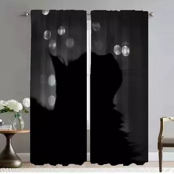 Шторы с черным котом для гостиной, шторы для комнаты, 2 панели, украшение на Хэллоуин, домашний интерьер, шторы, оттенки, перегородка для кухни W50xH70cmx2pcs-CL