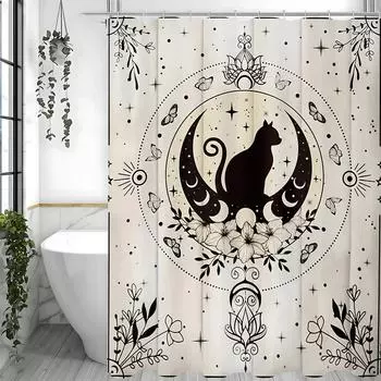 Black Cat Gothic Moon Phase Butterfly Witch Star Mystery Beige Shower Curtain, Bathroom Decorative Shower Curtain, Waterproof Sh W90xH180cm