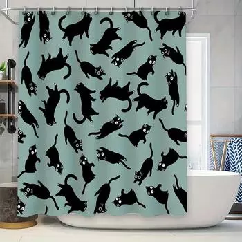 Black Cat Print Shower Curtain Unique Animal Pattern for Bathroom Decor 90x180cm