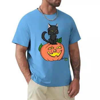 Black Cat & Pumpkin T-Shirt Anime Clothes Oversized Graphic Tee Fitted T Shirts For Men S средний синий
