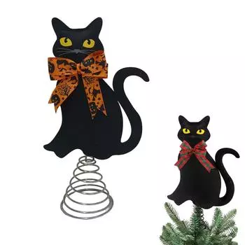 Black Cats Christmas Tree Topper With Stand And Changeable Bows Halloween Xmas Tree Ornament Winter Holidays Home Decorations Cat Lovers Gift Ideas One Size