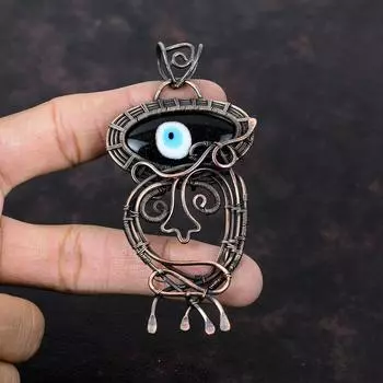 Black Color Evil Eye Pendant Copper Wire Wrapped Jewelry Natural Gemstone Pendant Copper Wire Pendant Gift For Him Handmade Amazing Pendant