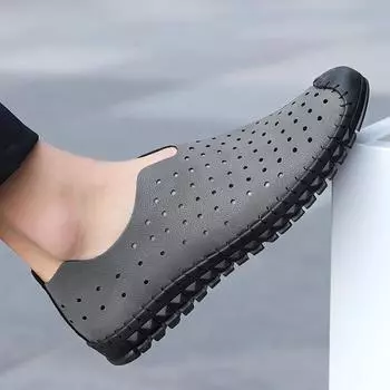 Black cowhide breathable flat heel casual export spot sewn shoes round head matte hole shoes 38 чёрный