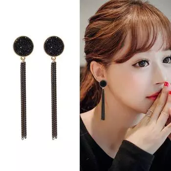 Black Crystal Flash Fringe Earings Earing Geometric Long Dangle Tassel Earrings For Women Fashion Jewelry