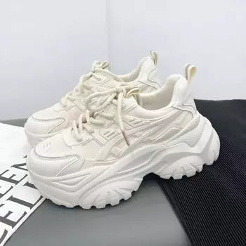 Black Dad Shoes Womens 2024 Spring and Autumn New Thick Sole Casual Sports Shoes Woman Lace-up Mesh Platform Sneakers Women 35 бежевый