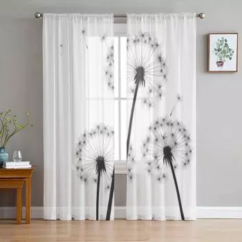 Черные одуванчики, белые тюлевые прозрачные шторы для гостиной, спальни, кухни, украшения, вуаль, органза, шторы 135W x 114H(cm)