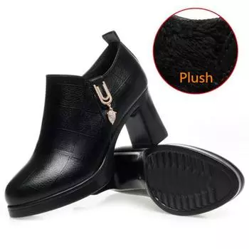 Black Deep Mouth Women s High Heels Shoes with Fur 2024 Women s Autumn Winter Thick Platform Pumps for Office Model Mom 34(22cm)