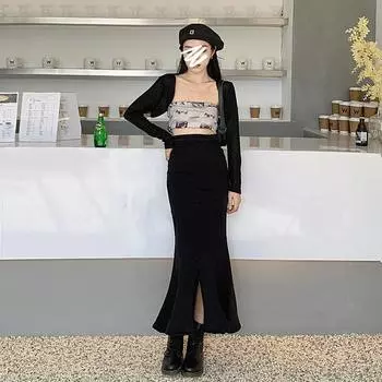 Black Denim Fishtail Skirt Bustier Skirt Female Spring Mid-length Thin High-waisted Elastic Open Package Hip Skirt Fashion Denim Bustier Skirt S синий