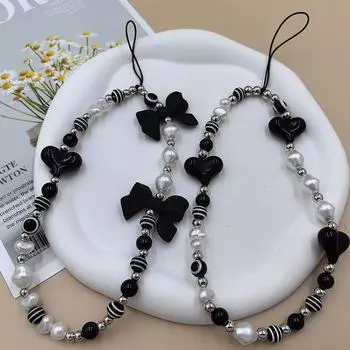 Черный ремешок для мобильного телефона с бисером и бантом в виде бабочки «Любовь» и глазом дьявола. чёрный