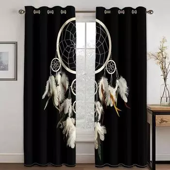 Black Dreamcatcher Printed Woven Curtains Two Independent Curtains Left and Right Blackout Curtains for Bedroom 132cmx160cm