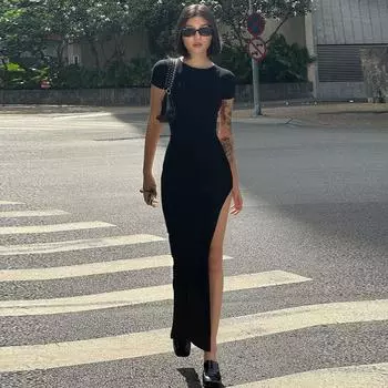 Black Fashion Temperament round Neck Short sleeve Dress 2025 Summer New Gyaru Sexy Side Slit Sheath Long dress Black S