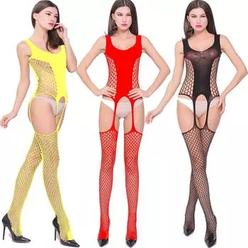Black Fishnet Halter Bodysuit with Adjustable Suspender, See-Through Cutout Design, and Open Crotch. One Size [Simple Packaging]
