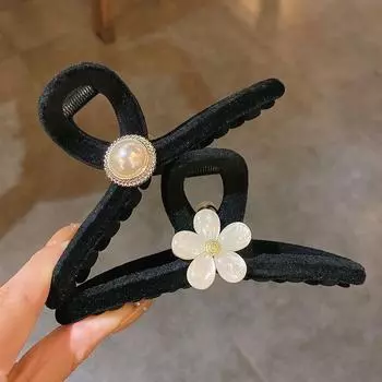 Black Flocking Pearl Shark Hair Clip - Versatile, Large Size, Autumn/Winter Floral Design F933 чёрный
