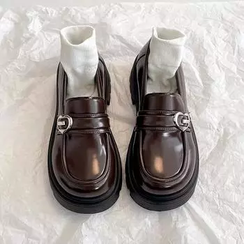 Black French retro thick heel platform small leather shoes women s 2024 new autumn British style one-pedal loafers 35 чёрный