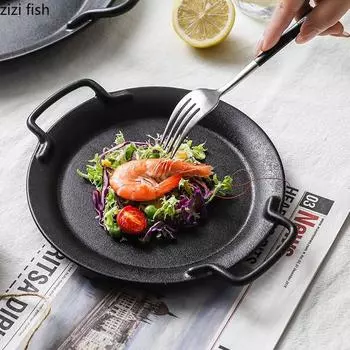 Black Frosted Ceramic Double Ear Plate Steak Plate Bread Plate Dessert Plates Salad Plates Molecular Cuisine Specialty Tableware