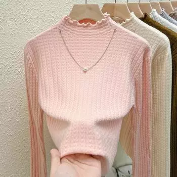 Black Fungus Edge Knitted Sweater for Women with Long Sleeves and A Half High Collar As The Base Layer S розовый