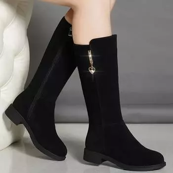 Black Fur Elegant with Low Heels Knee High Shaft Shoes Woman Round Toe Long Boots for Women Designer Luxury Chic Large Size Warm 35