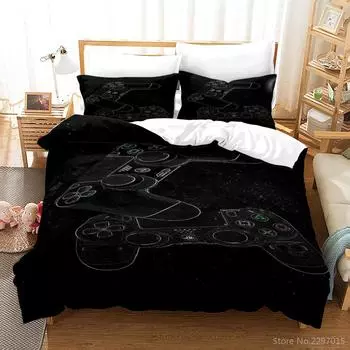 Black Game Gamepad Pattern Bedding Set Cartoon Adults Kids Boys Gamer Duvet Cover Set with Pillowcases Twin Full Queen King Size 135x200cm