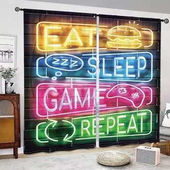 Black Game Pattern 3D Digital Printing Rod Pocket Curtain, Living Room, Office, Home Decor, Grommet Top, 2Pcs 2x75W166H(CM)59x65in&Rod Pocket