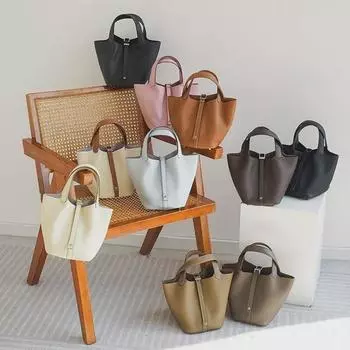 Black Genuine Leather Lychee Pattern Bucket Tote Bag for Women