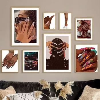Black Girl Fashion Glasses Wall Art, Beautiful Nails, Canvas Painting, Living Room Decoration, Posters and Prints, Home Wall Pic 21x30cm No Framed