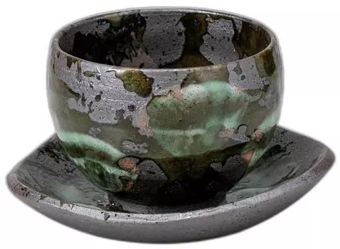 Black Glazed Green Flower Bowl and Plate x 10 x Ippuku Setomonohonpo [10 7.2cm, 340cc] Bowl, Ceramic,
