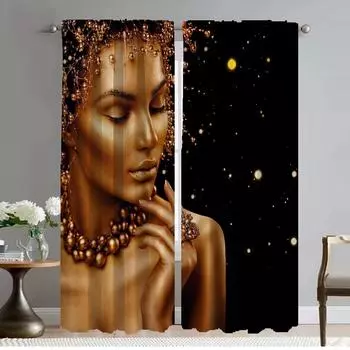 Black Gold African Lady Curtains Child Room Living Room Curtain Curtains for Bedroom Shades Partition Halloween Decoration Panel W50xH70cmx2pcs-CL