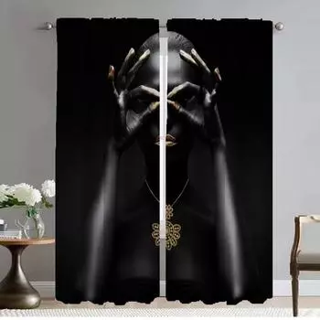 Black Gold African Lady Curtains Child Room Living Room Curtain Partition Shades Kitchen Curtains 2 Pieces Tulle for Bedroom W50xH70cmx2pcs-CL