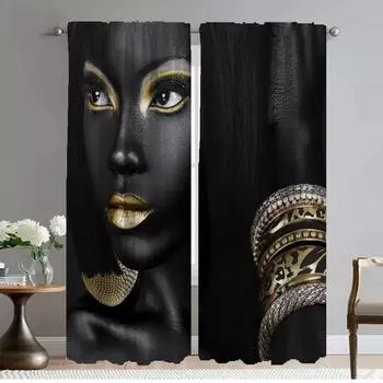 Black Gold African Lady Curtains for Living Room Curtain for Room 2 Panel Halloween Decoration Partition Shades Kitchen Blackout W50xH70cmx2pcs-CL