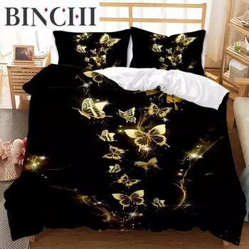 Black Gold Butterfly Bedding Set Luxury Black Duvet Cover 2/3Pcs Printed Comforter Bedding Sets For Adults Bed Set Room Decor EU single(135x200cm)