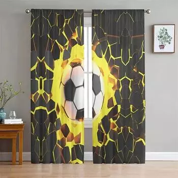 Black Gold Metal Football 3D Design Luxury Boy Window Curtains for Living Room Bedroom Home Decor 2 Pieces Free Shipping 50Wx60H(CM)x1Piece&Hook