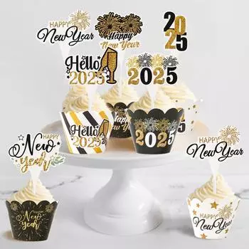 Black Gold New Year Cake Topper Set Christmas Decoration for Home Party Decor Ornaments Navidad Natal Happy New Year Gifts 2025