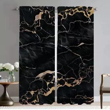 Black Golden Marble Home Interior Curtains for Living Room Curtain Anti-mosquito Curtains 2 Pieces Tulle for Bedroom Shades W50xH70cmx2pcs-CL