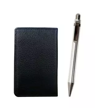 Black grained cowhide business card holder and sturdy straight knock ballpoint pen set all-metal, MEIB-M11B