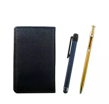 Black grained cowhide business card holder with blue metal touch stick and slim 60 gold ballpoint pen set (MEIB-ALL-SV60KBP)