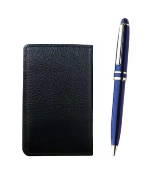 Black grained cowhide business card holder with Midnight rotating ballpoint pen set (blue) MEIB-SA2002BP-L