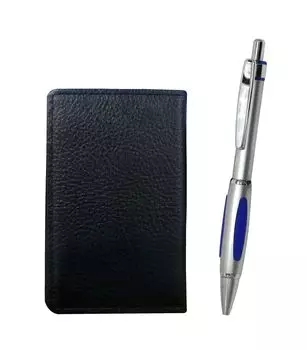 Black grained cowhide business card holder with a silver Metal Scorpion Shocking ballpoint pen set (MEIB-B989A-S)