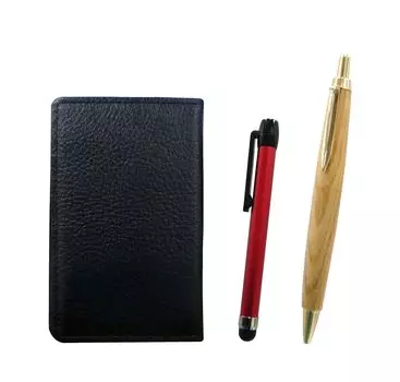 Black grained cowhide business card red metal touch stick and maple wood barrel retro ballpoint pen set holder, MEIB-ALR-HS47S