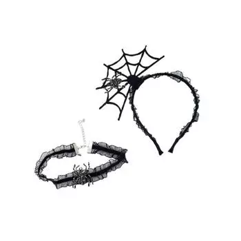 Black Hairband Necklace Set Ruffles Spider Web Hairband Personality Halloween Headband Boys/Girls