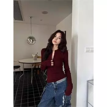 Black Half-Open Collar Long Sleeves Tight T-shirt Ins Base Shirt Burgundy M