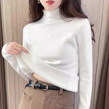 Black Half Turtleneck Knitted Plus Velvet Base Shirt for Women In Winter New Thickened Integrated Velvet Warm Body Cover S
