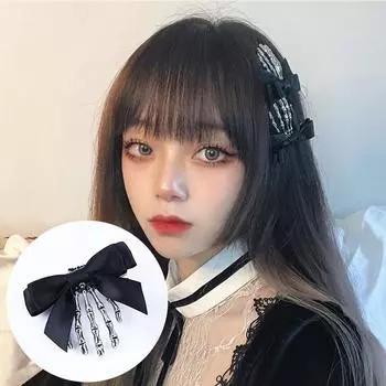 Black Halloween Skeleton Hand Bone Claw Hair Clip with Bowknot Harajuku Ghost Skeleton Hair Clip Bone Claw Headwear LS