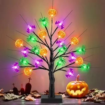 Black Halloween Tree with 24 LED Pumpkin Bat Spider Light USB/Battery Operated Lighted Birch Tree Spooky Halloween Decorations