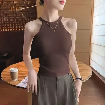 Black Halter Camisole Women s Chest Pad 2025 New Arrival One-Piece Beautiful Back Basic Inner Wear Outer Wear Summer Caramel [halterneck integrated chest pad]] M