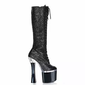 Black heightening tall tube round head women s adhesive sole fashion boots 2025 long tube thick heel high heels lace-up 20cm 34 чёрный