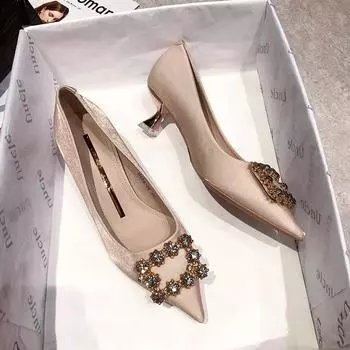 Черные туфли на высоком каблуке, профессиональные женские туфли с острым носком, средний тонкий каблук 5 см, со стразами, одинарные туфли, летние универсальные свадебные туфли 34